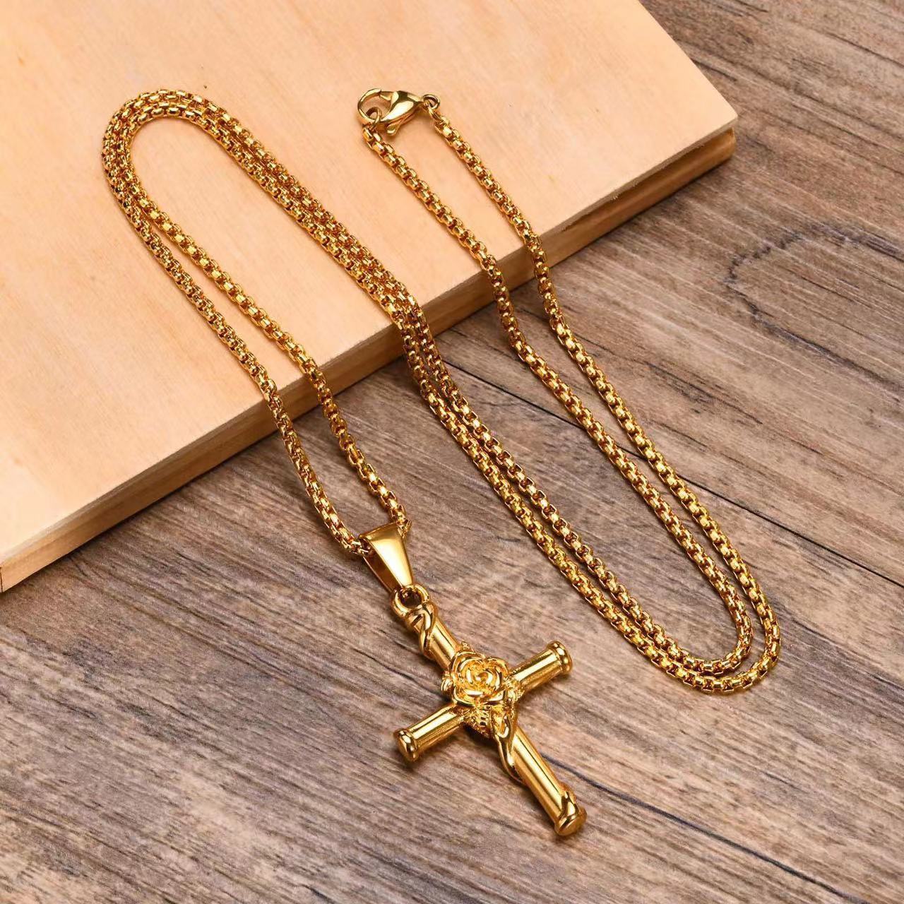 Long hip hop stainless steel men's cross rose pendant necklace stainless steel sublimation rosary necklace