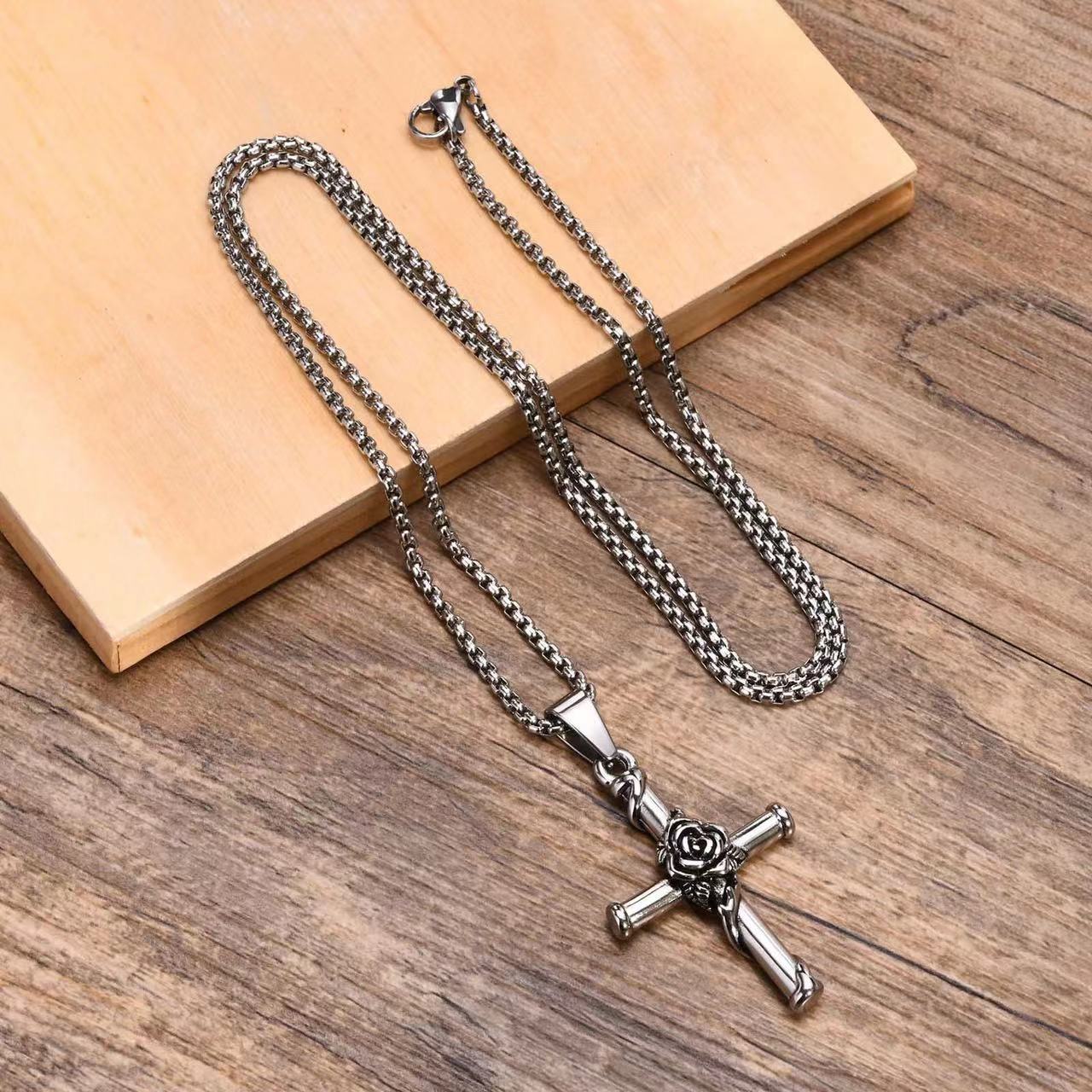 Long hip hop stainless steel men's cross rose pendant necklace stainless steel sublimation rosary necklace