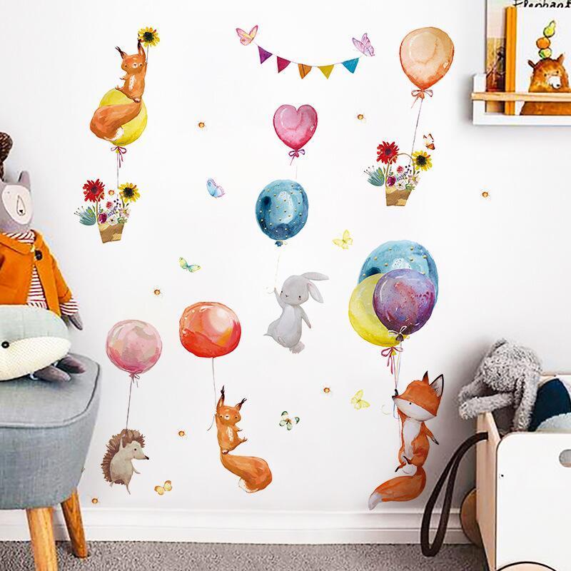 Cartoon Colorful Balloons Animals PVC  Wall Decals Fox Bunny Stickers Wall Sticker for Kids Room Baby Nursery Room Decoration