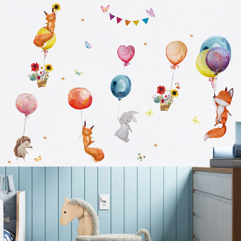 Cartoon Colorful Balloons Animals PVC  Wall Decals Fox Bunny Stickers Wall Sticker for Kids Room Baby Nursery Room Decoration