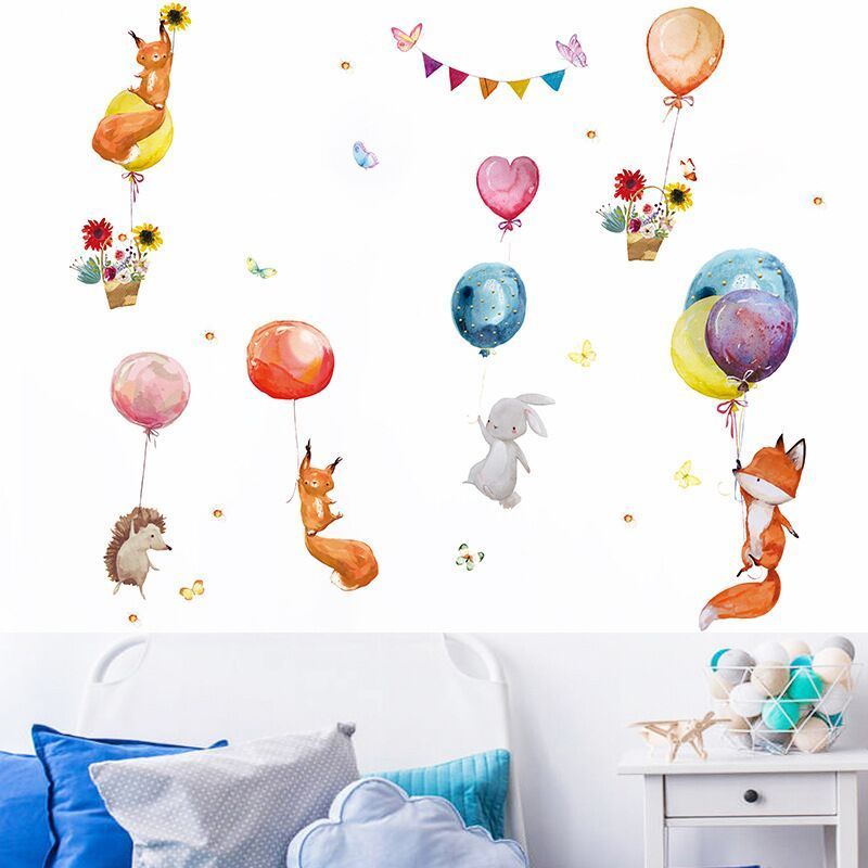 Cartoon Colorful Balloons Animals PVC  Wall Decals Fox Bunny Stickers Wall Sticker for Kids Room Baby Nursery Room Decoration