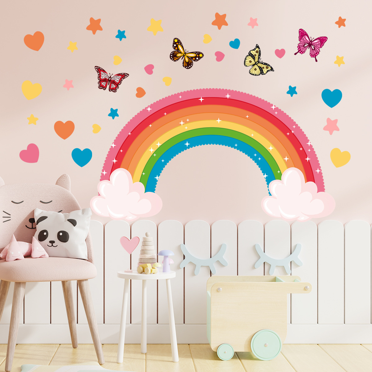 Removable Star Butterfly Heart Watercolor pvc  wall sticker  for  kids Nursery Baby Girl Teen Bedroom Rainbow Wall Decals