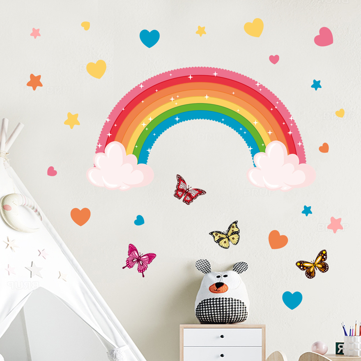 Removable Star Butterfly Heart Watercolor pvc  wall sticker  for  kids Nursery Baby Girl Teen Bedroom Rainbow Wall Decals