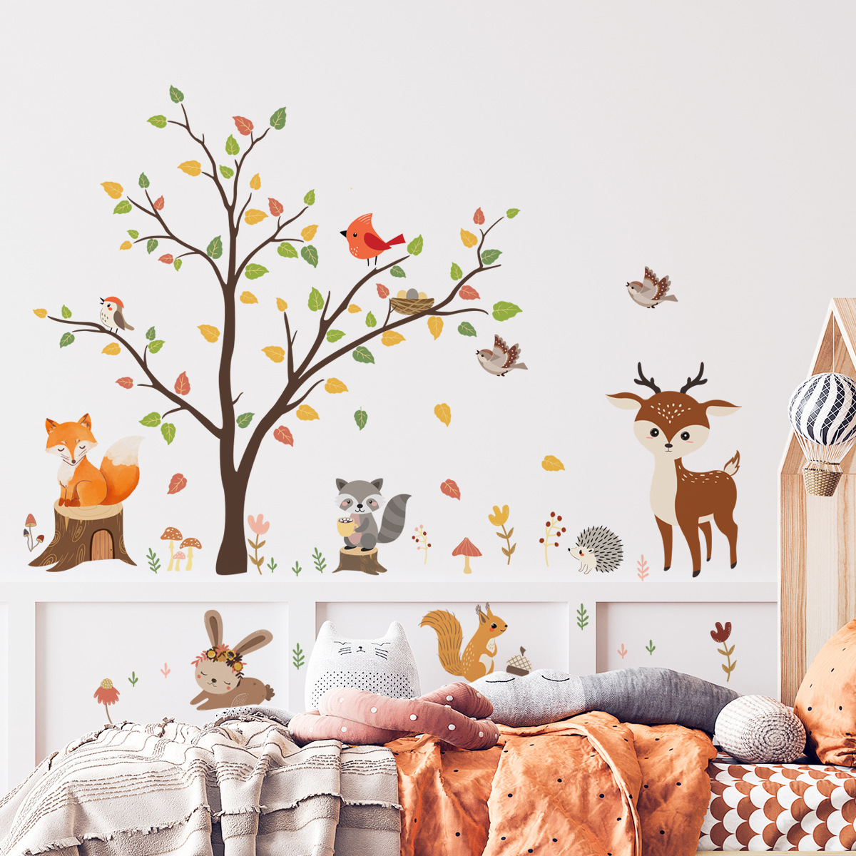 Forest Animals Tree Wall Decals Fox Squirrel Deer Wall Stickers for  Baby Nursery Kids Bedroom Playroom Wall Decor