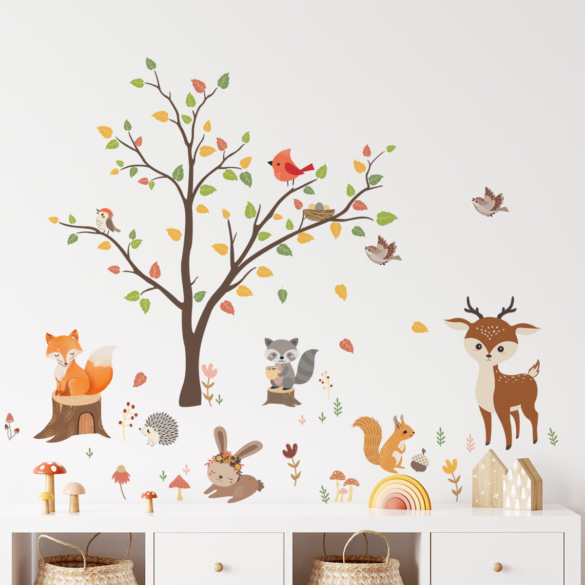 Forest Animals Tree Wall Decals Fox Squirrel Deer Wall Stickers for  Baby Nursery Kids Bedroom Playroom Wall Decor