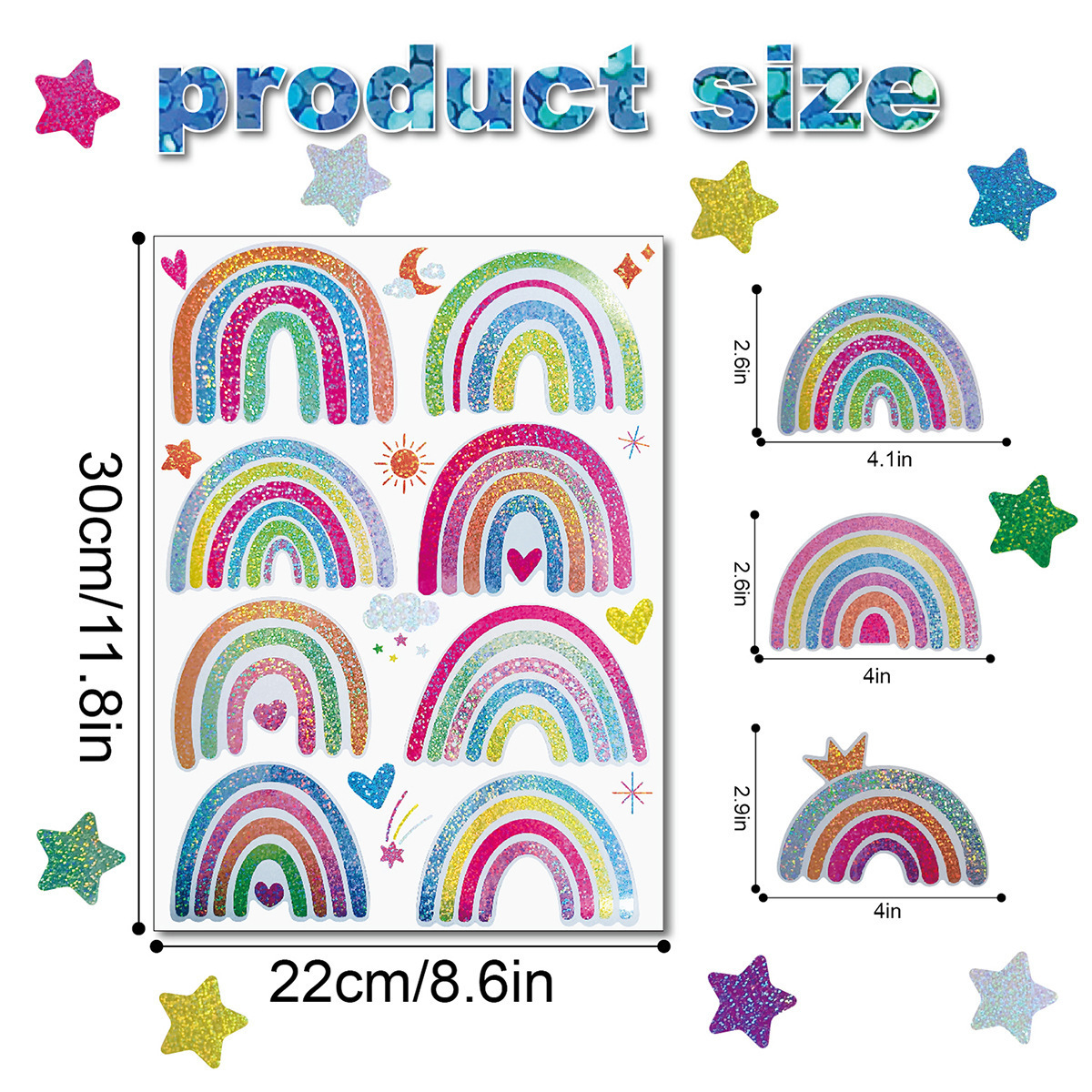 Laser holographic Waterproof glitter rainbow Wall Decals kiss cut Stickers for kids Bedroom wedding Nursery Room