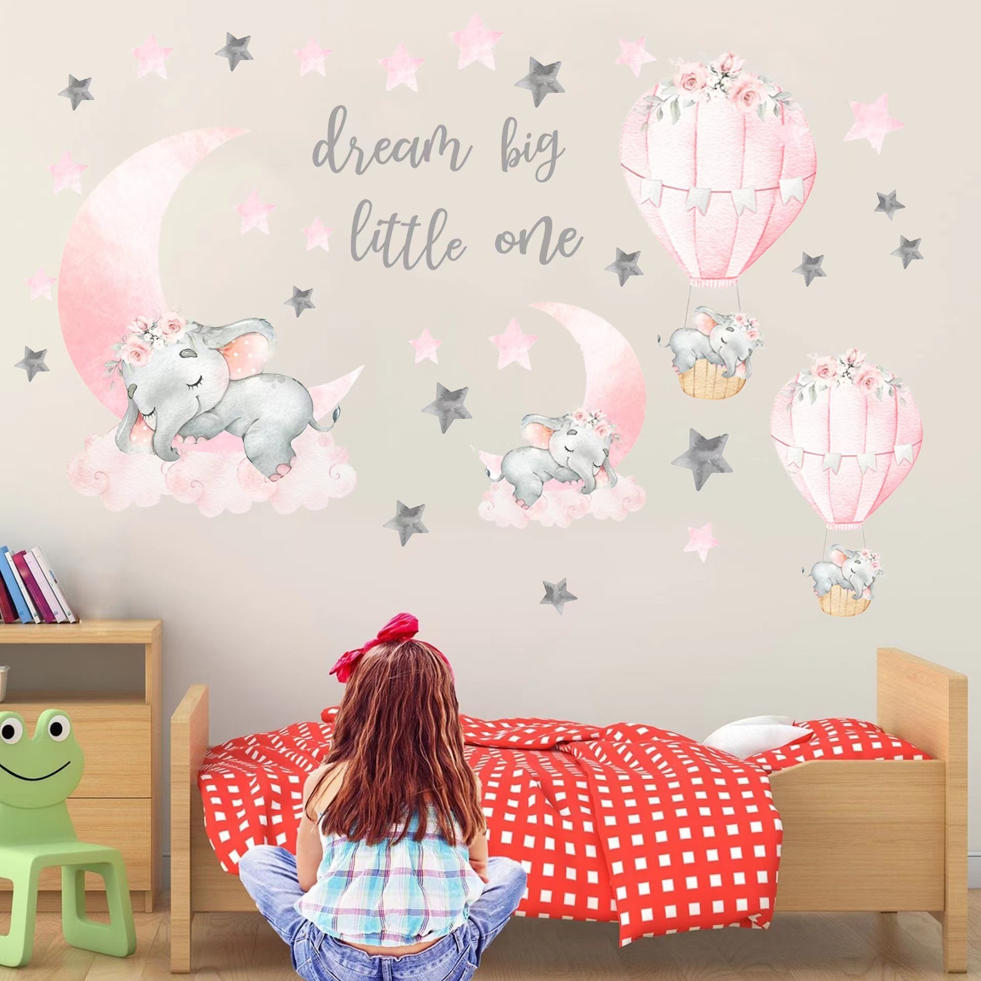 Elephant Wall Stickers Pink Moon Hot Air Balloon Grey Stars Wall Decal  sticker for Nursery Kids Room Living Room