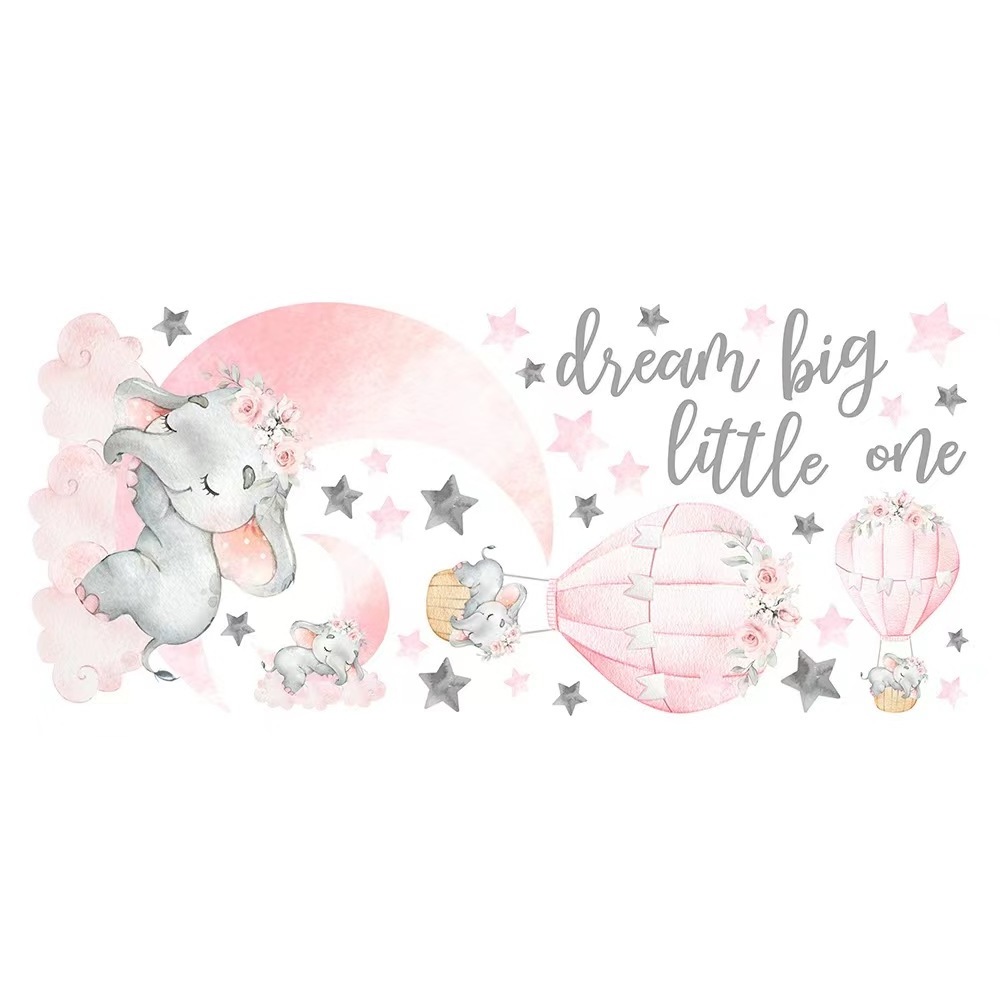 Elephant Wall Stickers Pink Moon Hot Air Balloon Grey Stars Wall Decal  sticker for Nursery Kids Room Living Room