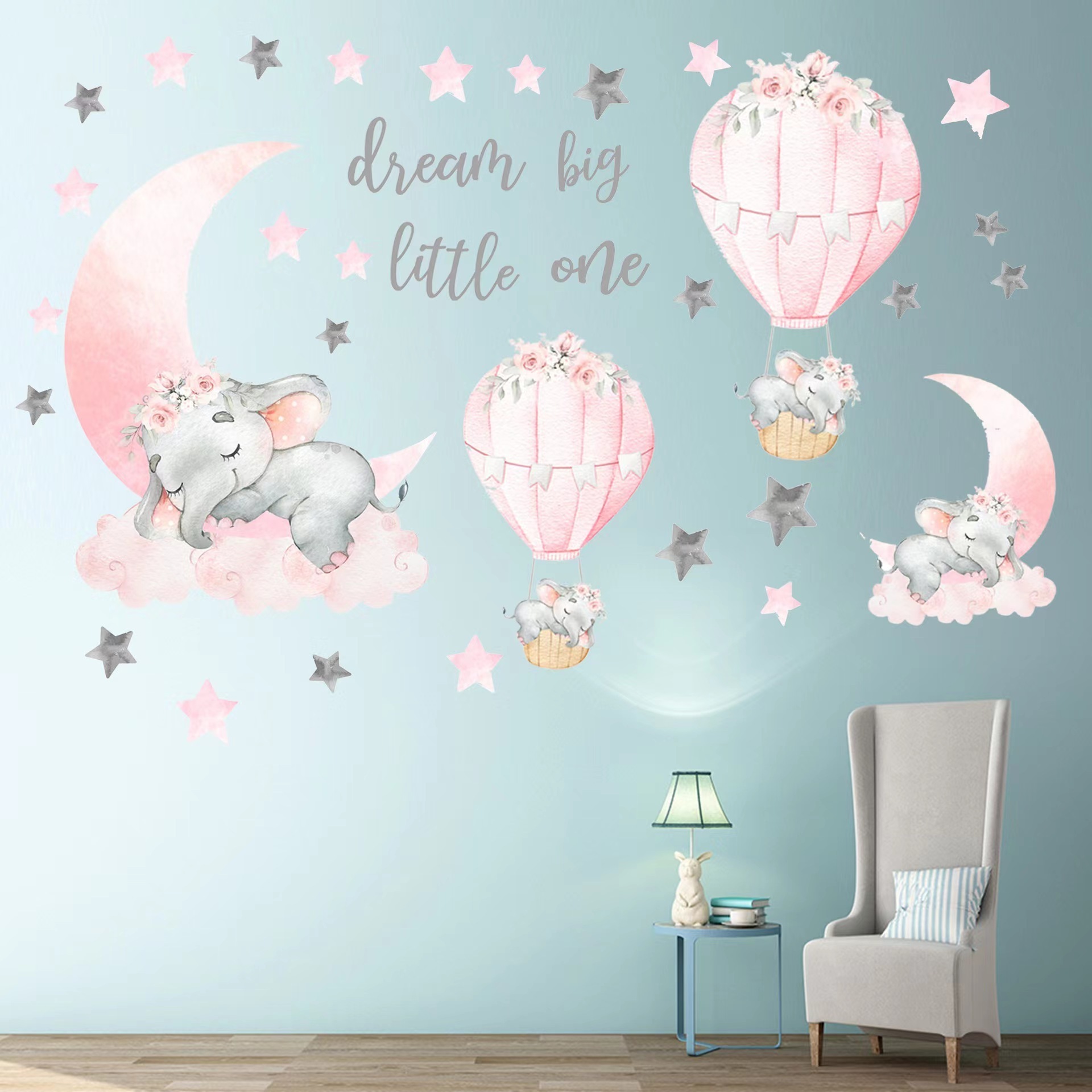 Elephant Wall Stickers Pink Moon Hot Air Balloon Grey Stars Wall Decal  sticker for Nursery Kids Room Living Room