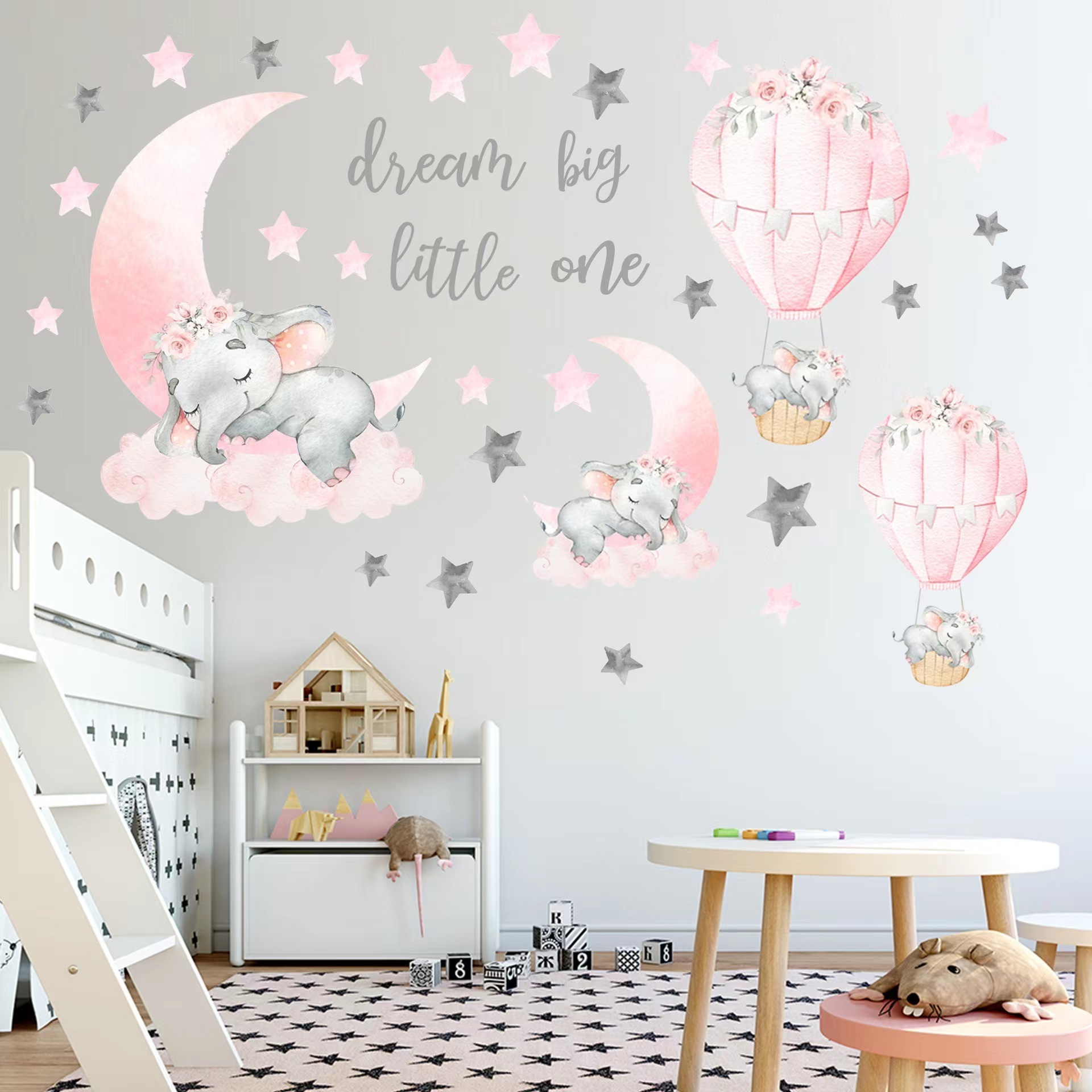 Elephant Wall Stickers Pink Moon Hot Air Balloon Grey Stars Wall Decal  sticker for Nursery Kids Room Living Room