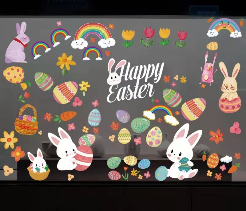 Factory wholesale pvc sticker  with no glue  Static cling sticker for Easter day decals  window sticker