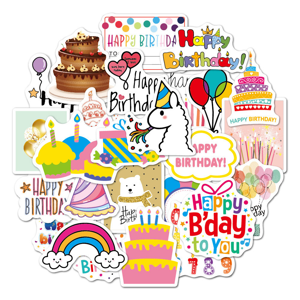 27P Waterproof Happy Birthday Stickers cute pattern cake candle balloon for Kids Party Home Classroom Decoration