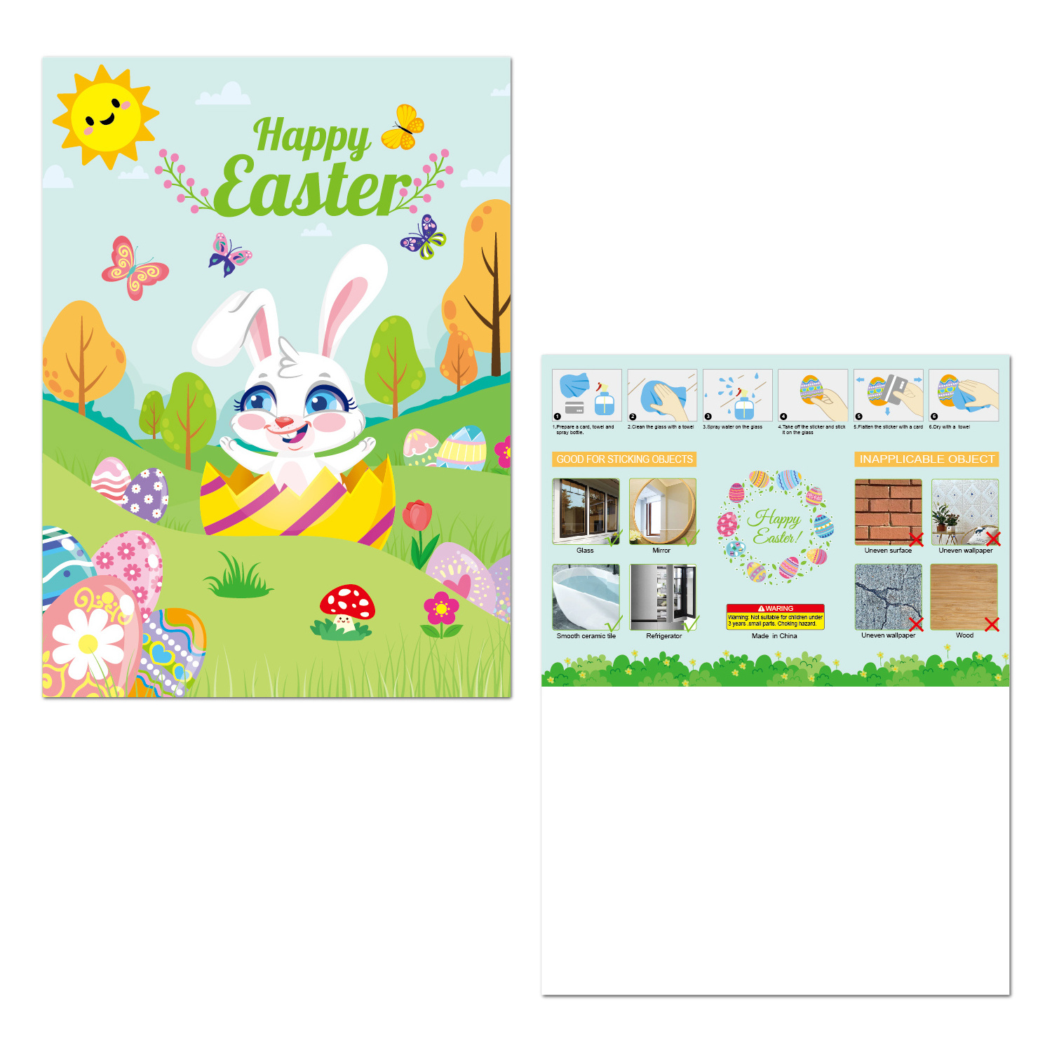 2021 Easter decorative wall stickers  Bunny eggs cupboard refrigerator Static cling sticker for glass window Easter stickers