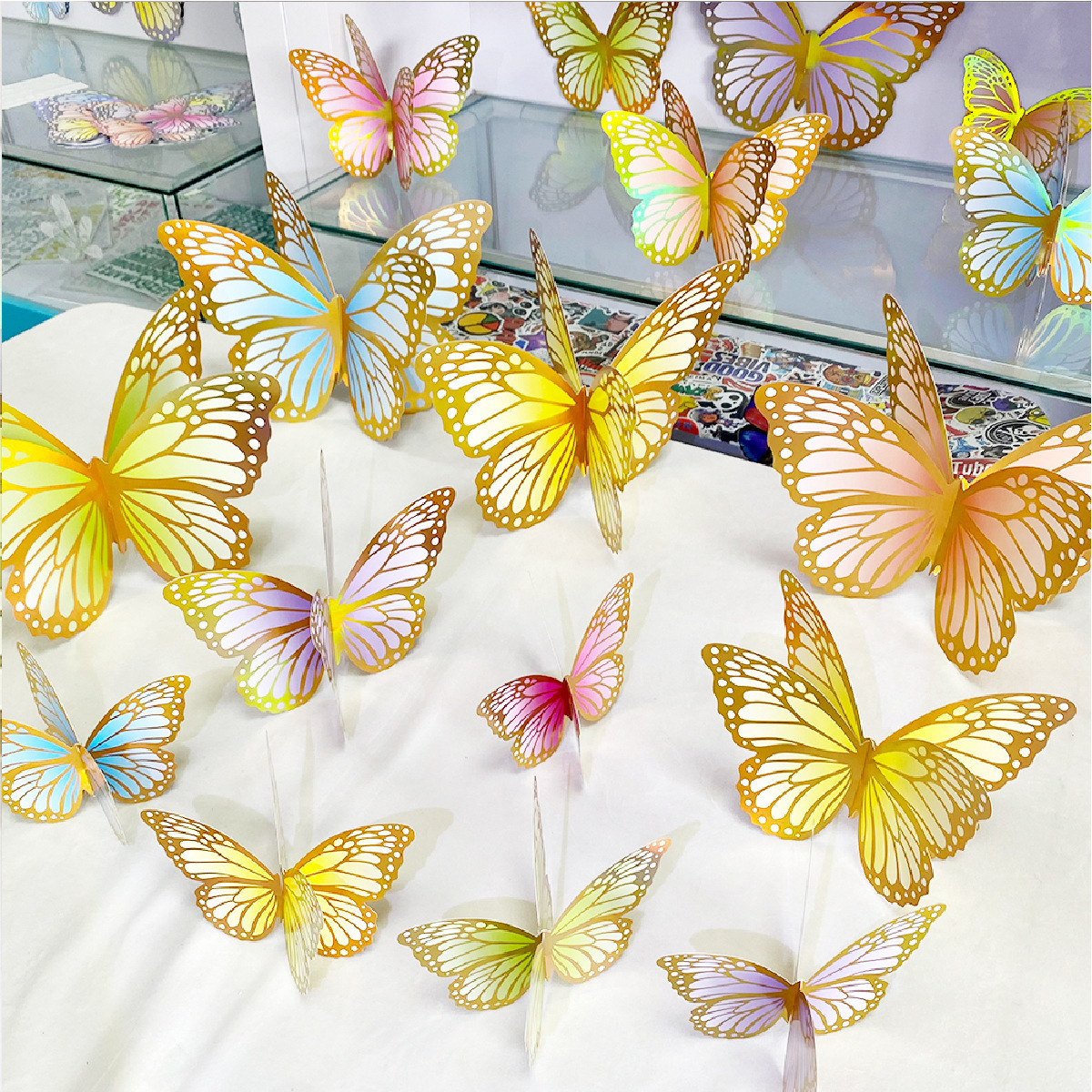 3D Iridescent Golden/Silver Butterfly Wall Decals Holographic Classroom Decor Set Murals for Nursery Glitter Party