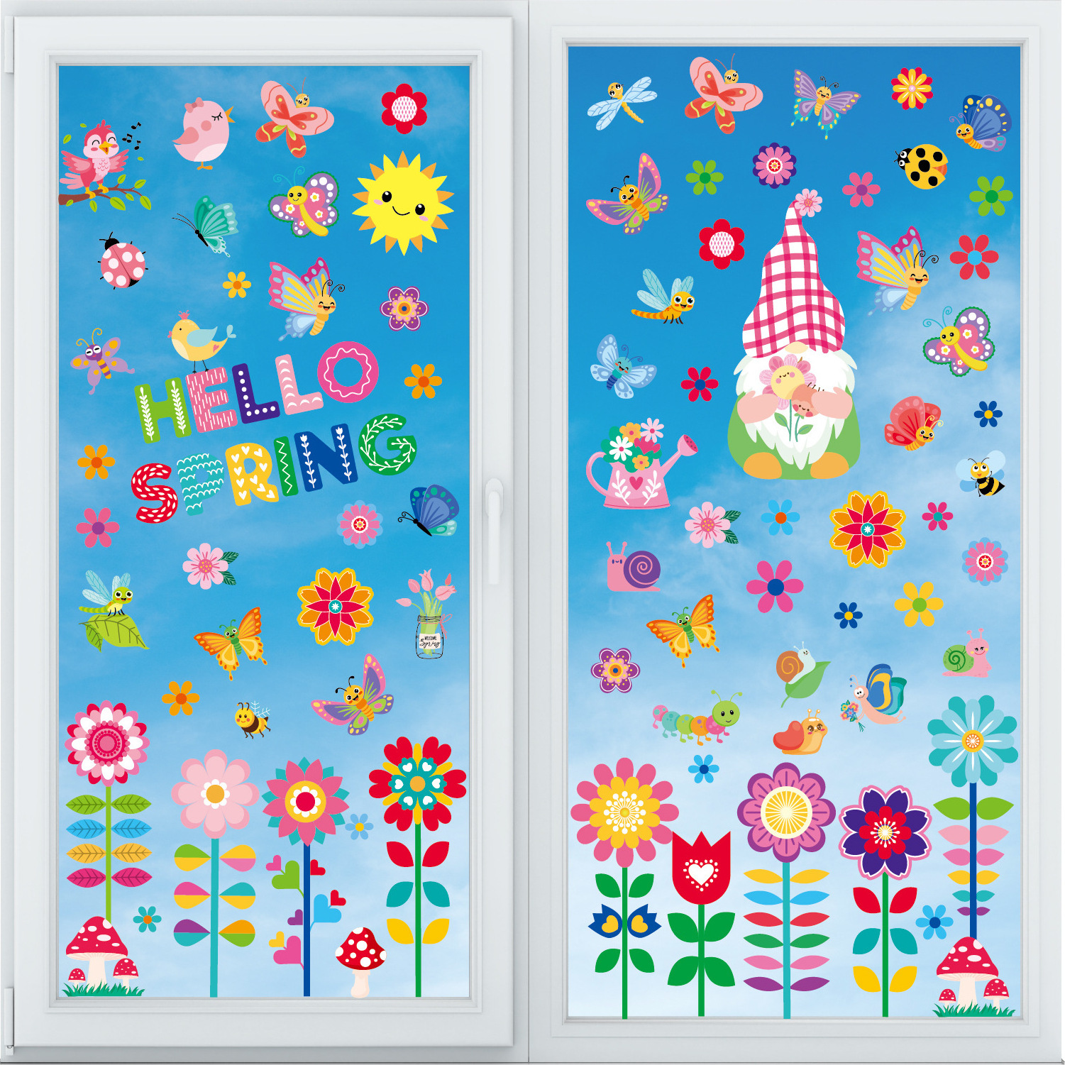 112Pcs Spring Window Clings Stickers Flowers Butterfly Bees Birds Double Side Window Decals for School Home Party Supplies Gifts