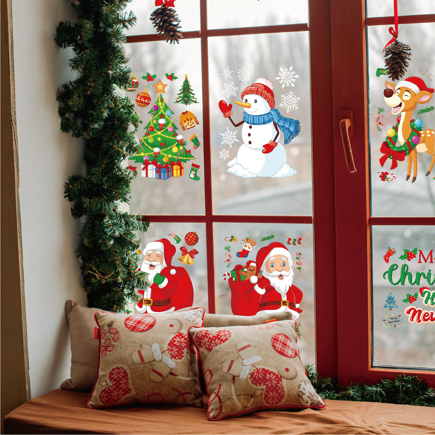 6 sheets 62 PCS Christmas Window sticker Decals Snowflakes Sata Claus Reindeer Snowman Xmas Decals for Christmas