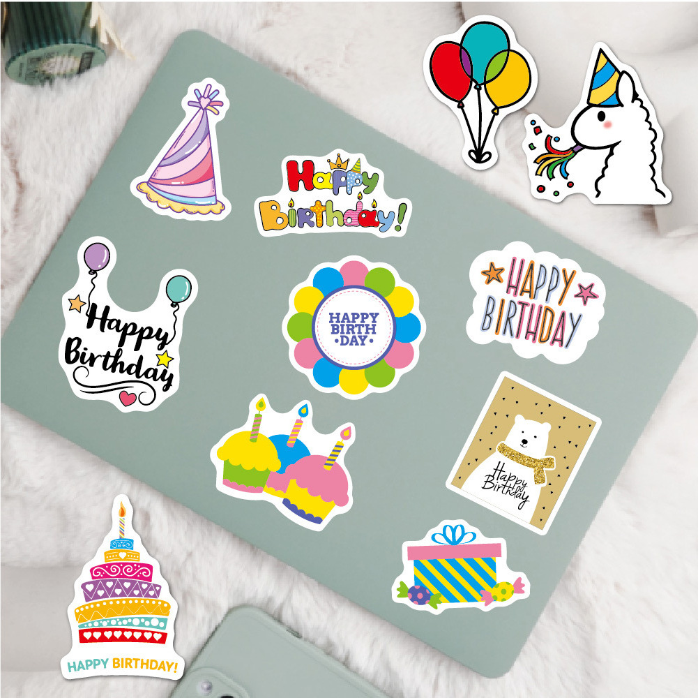 27P Waterproof Happy Birthday Stickers cute pattern cake candle balloon for Kids Party Home Classroom Decoration