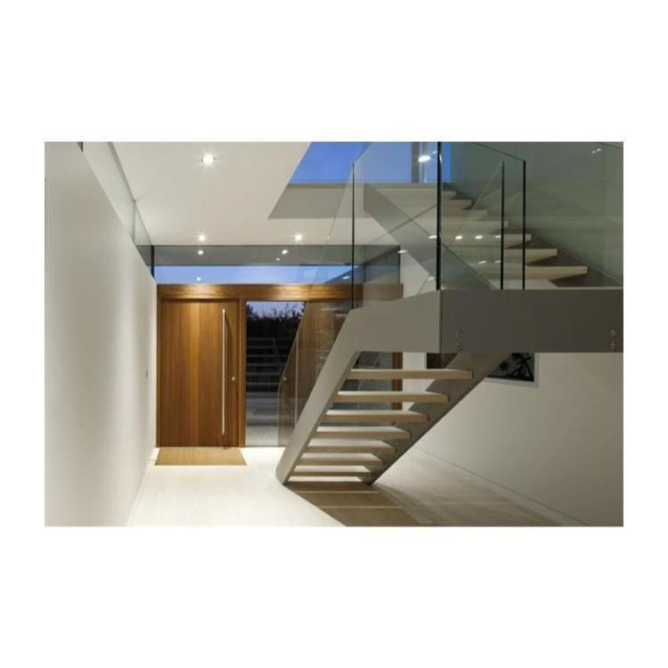 Interior Wood Straight Stair Double Sides Channel Stringer Frameless Glass Railing Wood Staircase