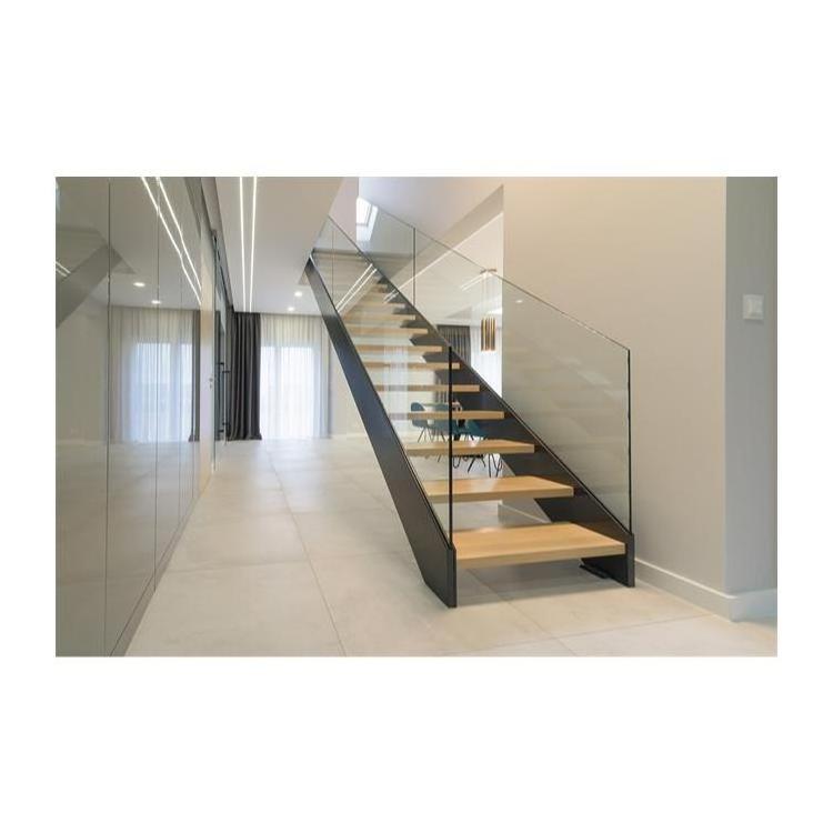 Interior Wood Straight Stair Double Sides Channel Stringer Frameless Glass Railing Wood Staircase