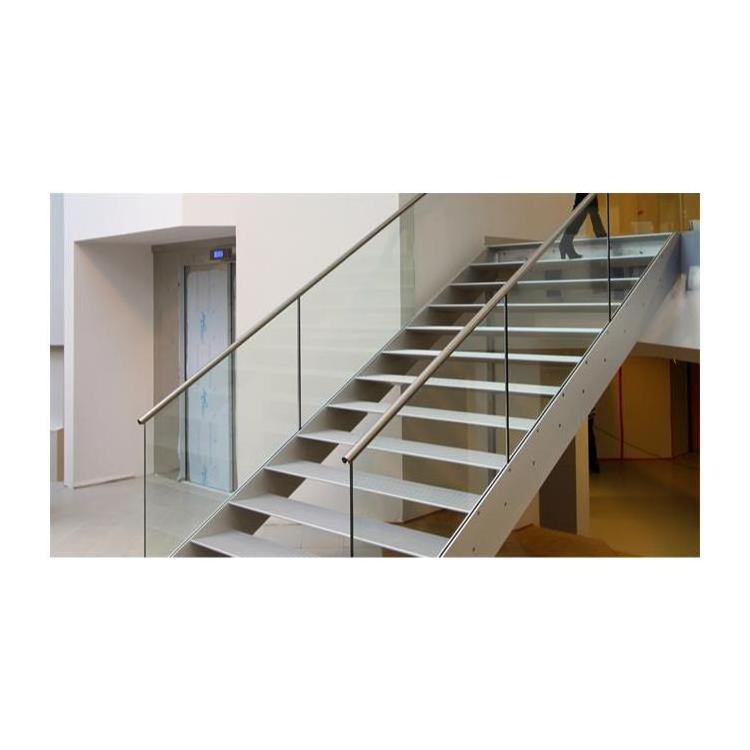 Interior Wood Straight Stair Double Sides Channel Stringer Frameless Glass Railing Wood Staircase