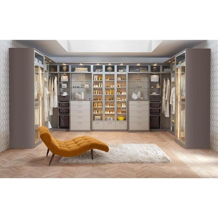 Luxury High-end Walk In Wardrobe Custom Made Elegant Design L Shape White Paint Plywood Closets with Glass Doors and Shelves