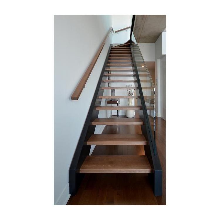 Double Side Channel Stringer with White Oak Veneer Wood Box Stair Treads Glass Railing Wood Stair Handrail