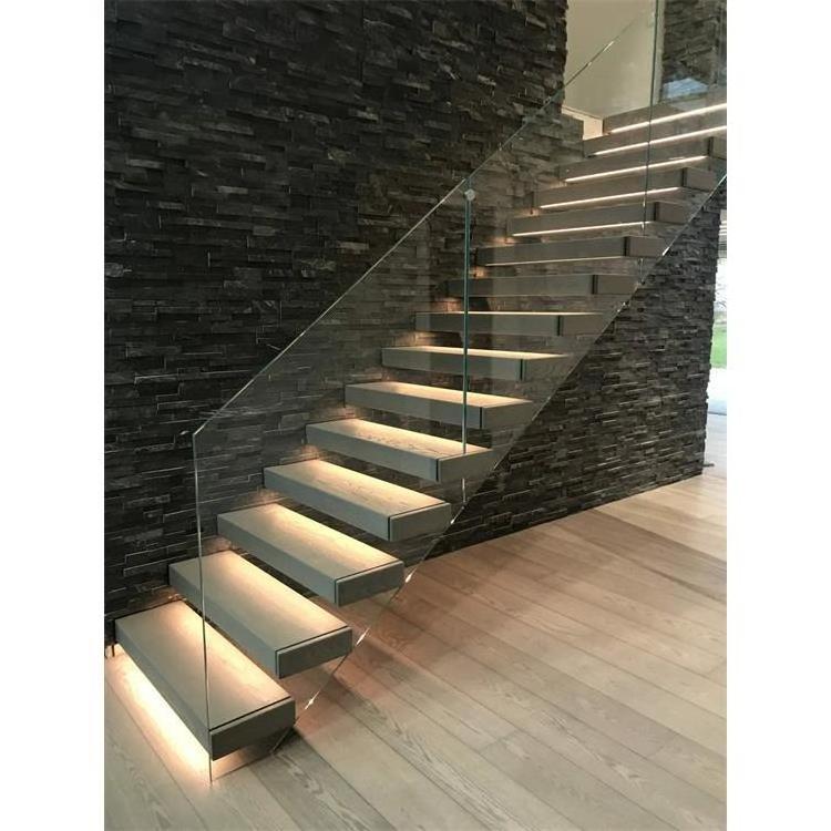 Solid wood led light floating staircase invisible steel stringer stairs with tempered glass railing