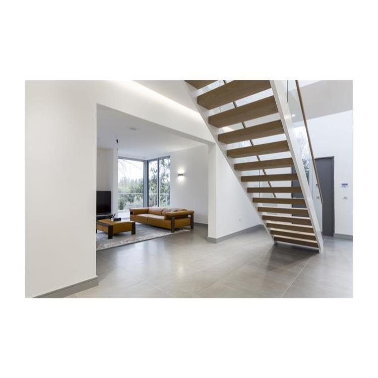 Interior Wood Straight Stair Double Sides Channel Stringer Frameless Glass Railing Wood Staircase