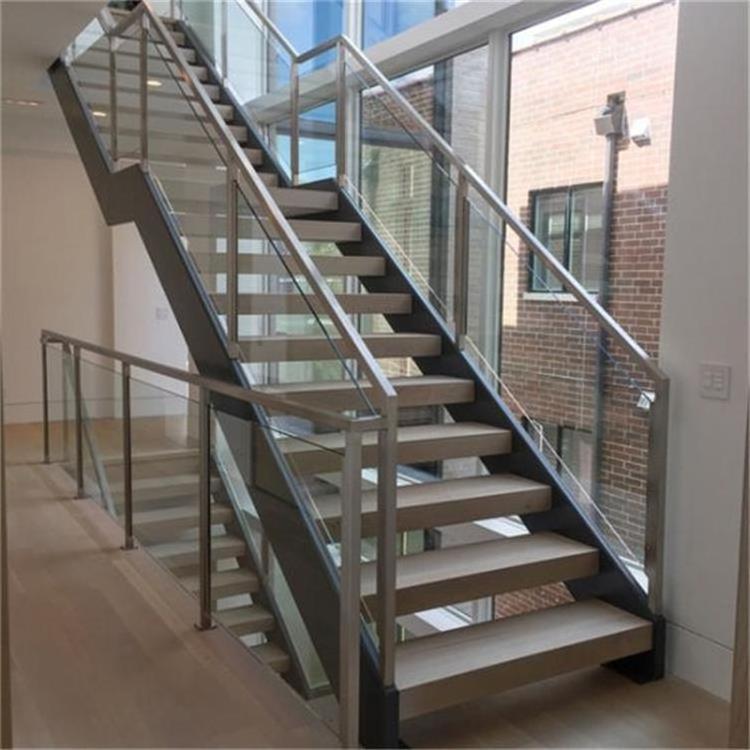 Modern staircase straight LED light steps stairs double steel beam stair case with clear glass railing