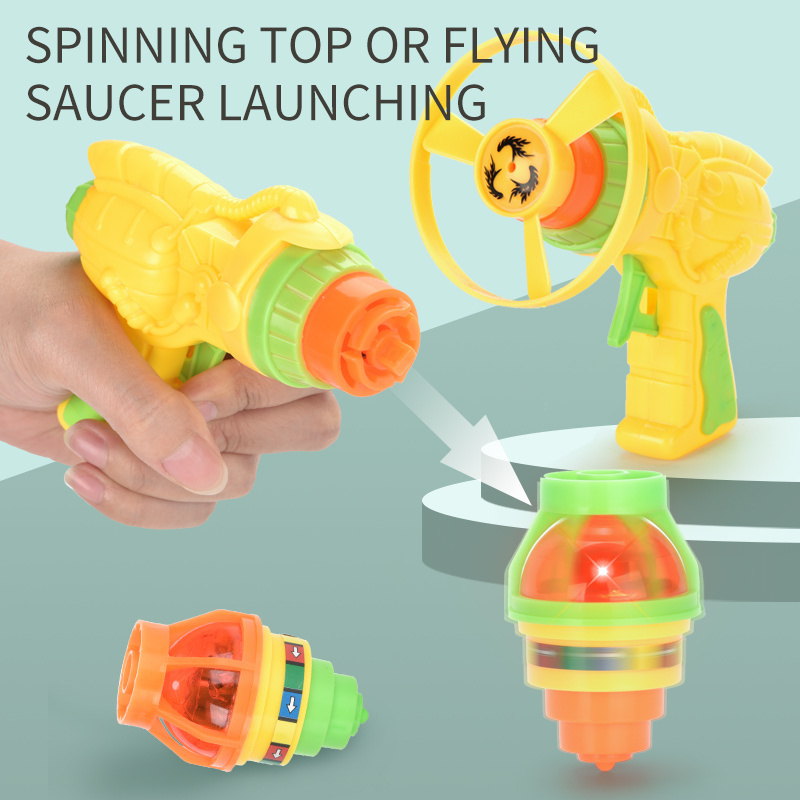 Newest Kids Indoor Outdoor Ufo Fly Gyro Spinner Toy Cool Space Gun Launching Flying Saucer Child Light Up toys and games