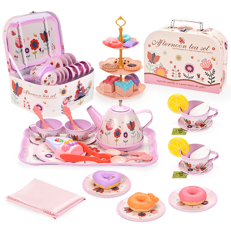 Mini Princess Tea Time Toys Teapot Dishes Dessert Kitchen Pretend Play Tin Tea Party Set With Carrying Case For Kids