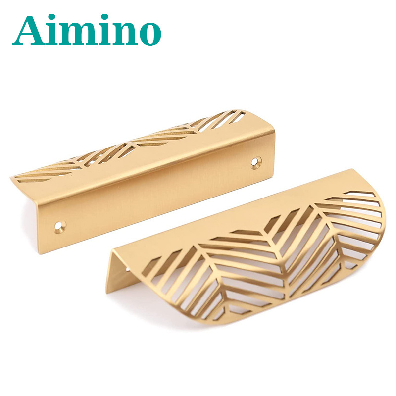 AIMINO OEM Solid Brass Cabinet Handles Brushed Gold Leaf Knobs and Pulls for Dresser Drawer Handles Edge Pulls,4-5/8