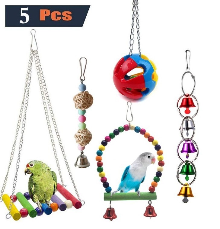 5Pcs Interactive Plastic Bird Toy Ball Chew Wooden Bird Cage Parrot Hanging Swing Chewing Bird Toy Set For Cage