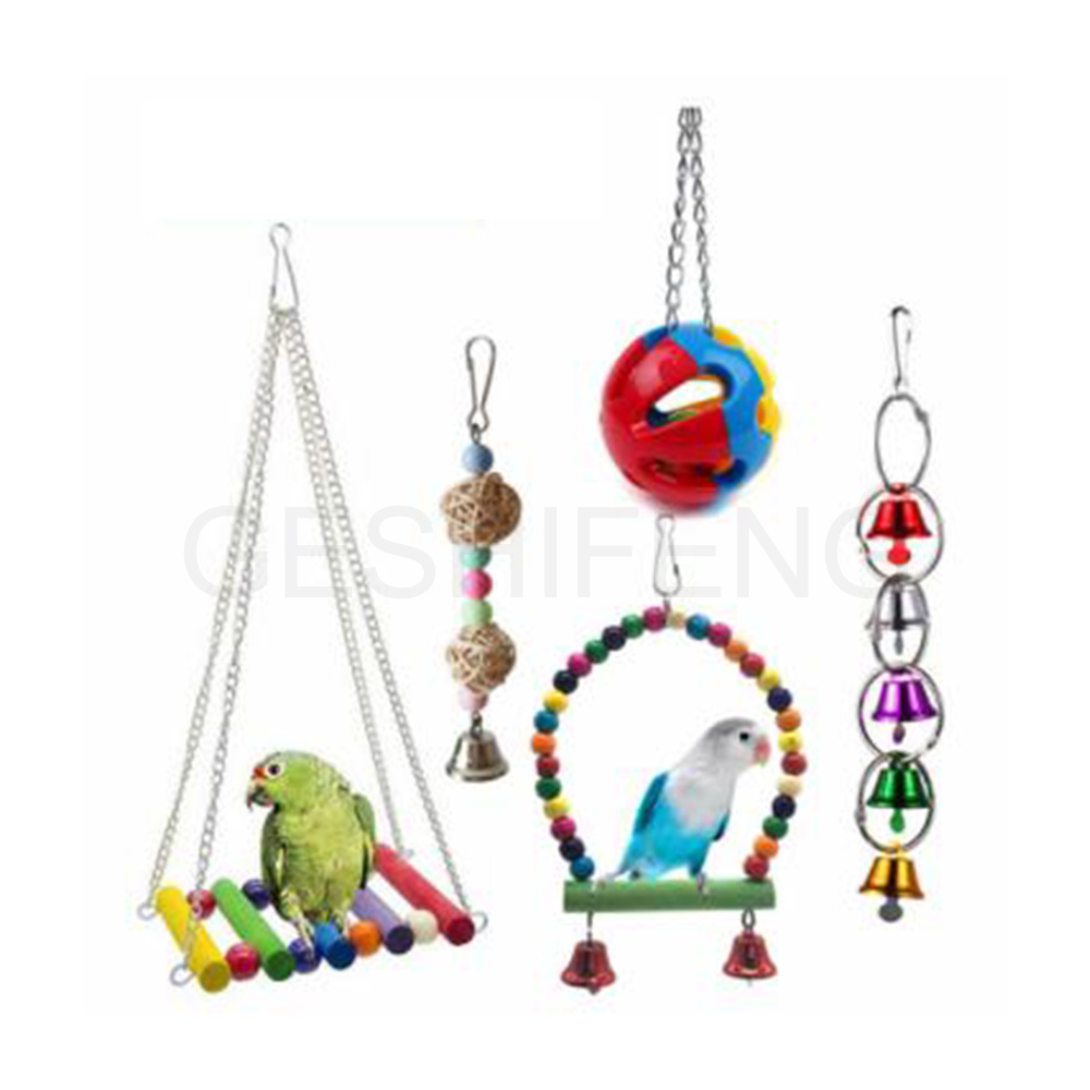 Colorful Toy Set For Chicken Birds Parrots Standing Swing Popular Chew Toys Bird Pine Toy With Bells