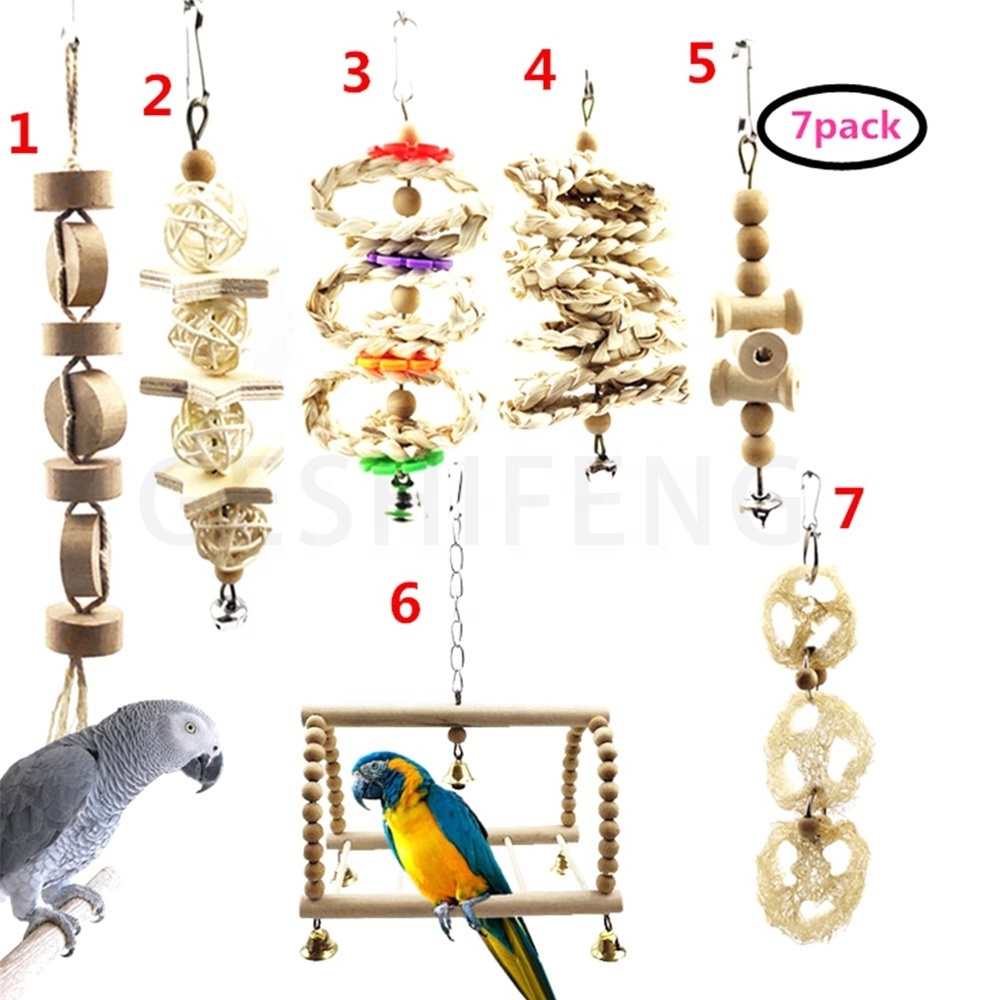 7Pcs Parrot Bird Toy Set Gnawing Swing Bird Cage Accessories