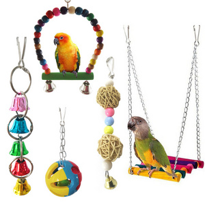 5Pcs Interactive Plastic Bird Toy Ball Chew Wooden Bird Cage Parrot Hanging Swing Chewing Bird Toy Set For Cage