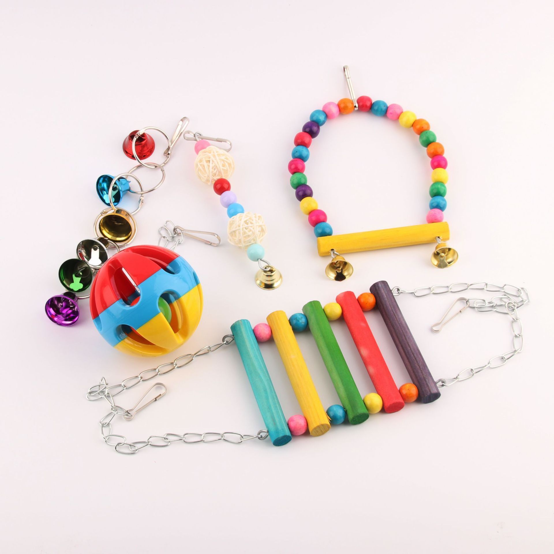 5Pcs Interactive Plastic Bird Toy Ball Chew Wooden Bird Cage Parrot Hanging Swing Chewing Bird Toy Set For Cage