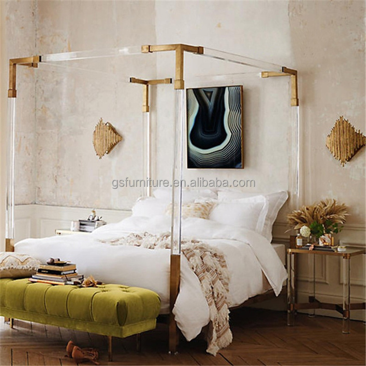 Golden Stainless Steel Acrylic Room Is Furniture Furnished Luxurious Double Acrylic Bed Frame