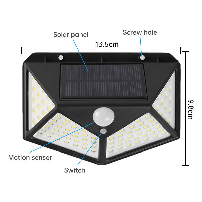 100 LED Solar Outdoor Lights IP65 Waterproof Motion Sensor 100 LEDs Security Lights With Lights Reflector For Wall