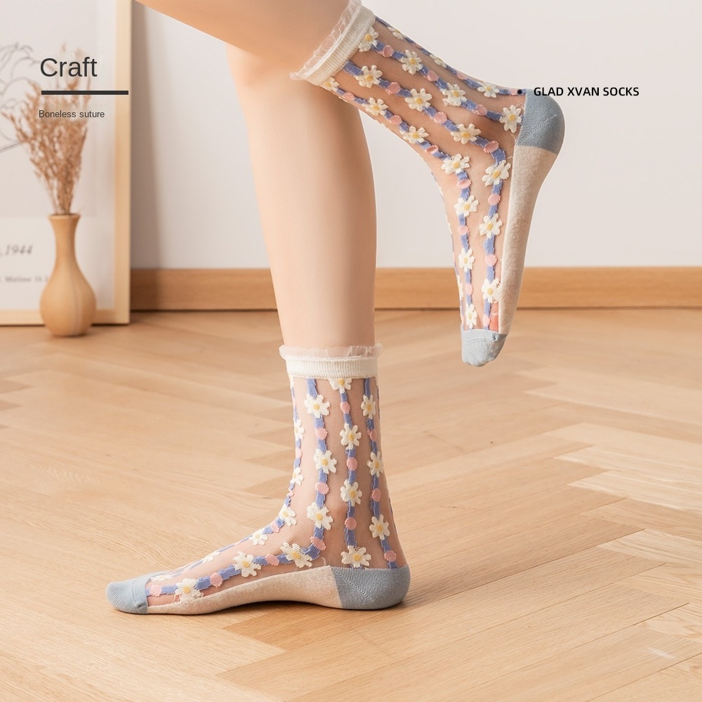 Glass silk summer thin medium tube stockings Lovely Japanese small daisy long tube crystal stockings for girl and women