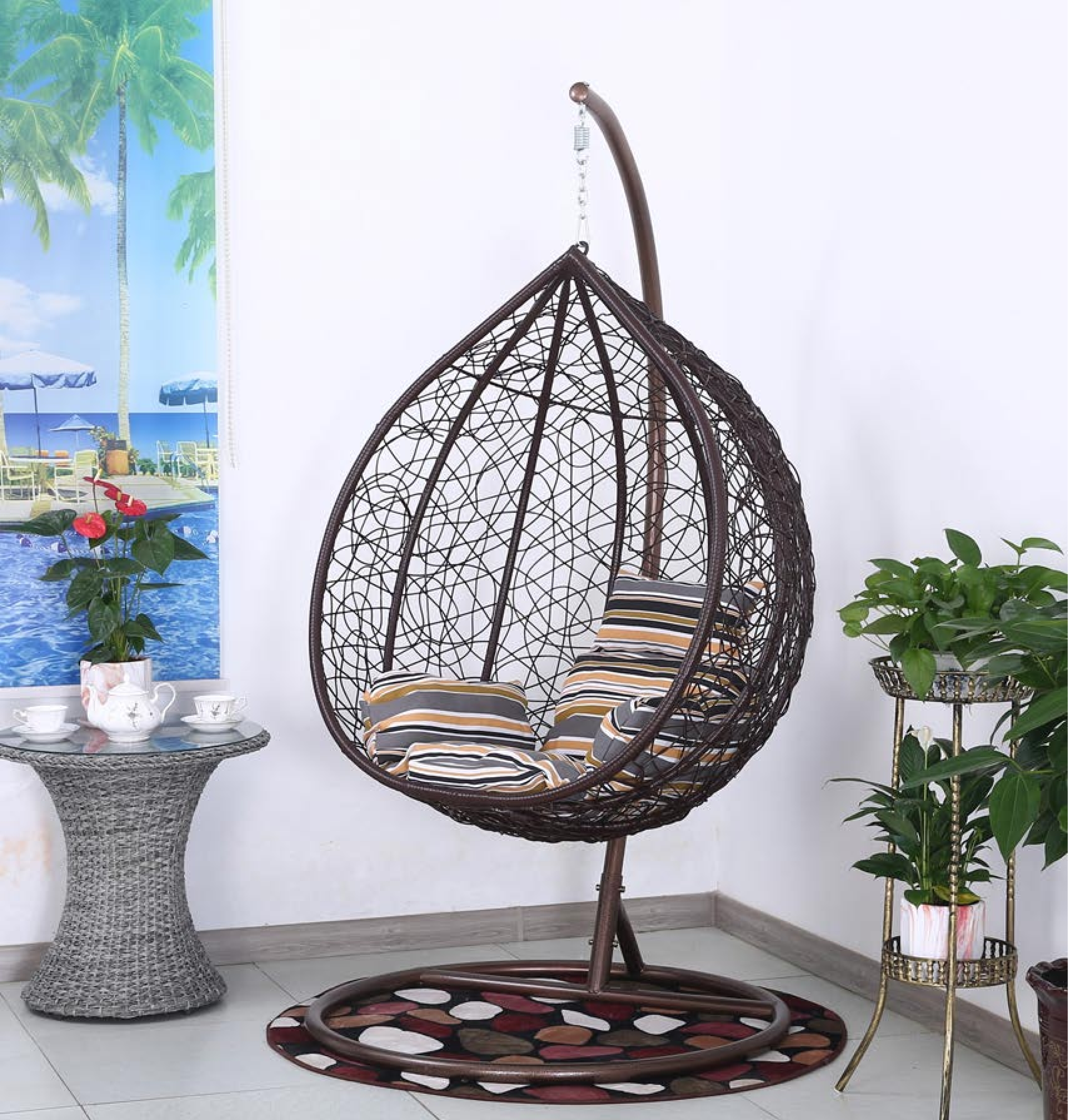 The Newest Design Patio Balcony Multicolored Hanging Rattan Chair Outdoor Bird Nest Shape Rocking Chair