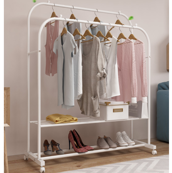 Factory wholesale price indoor modern customized easy assembly double pole display clothes rack with wheel