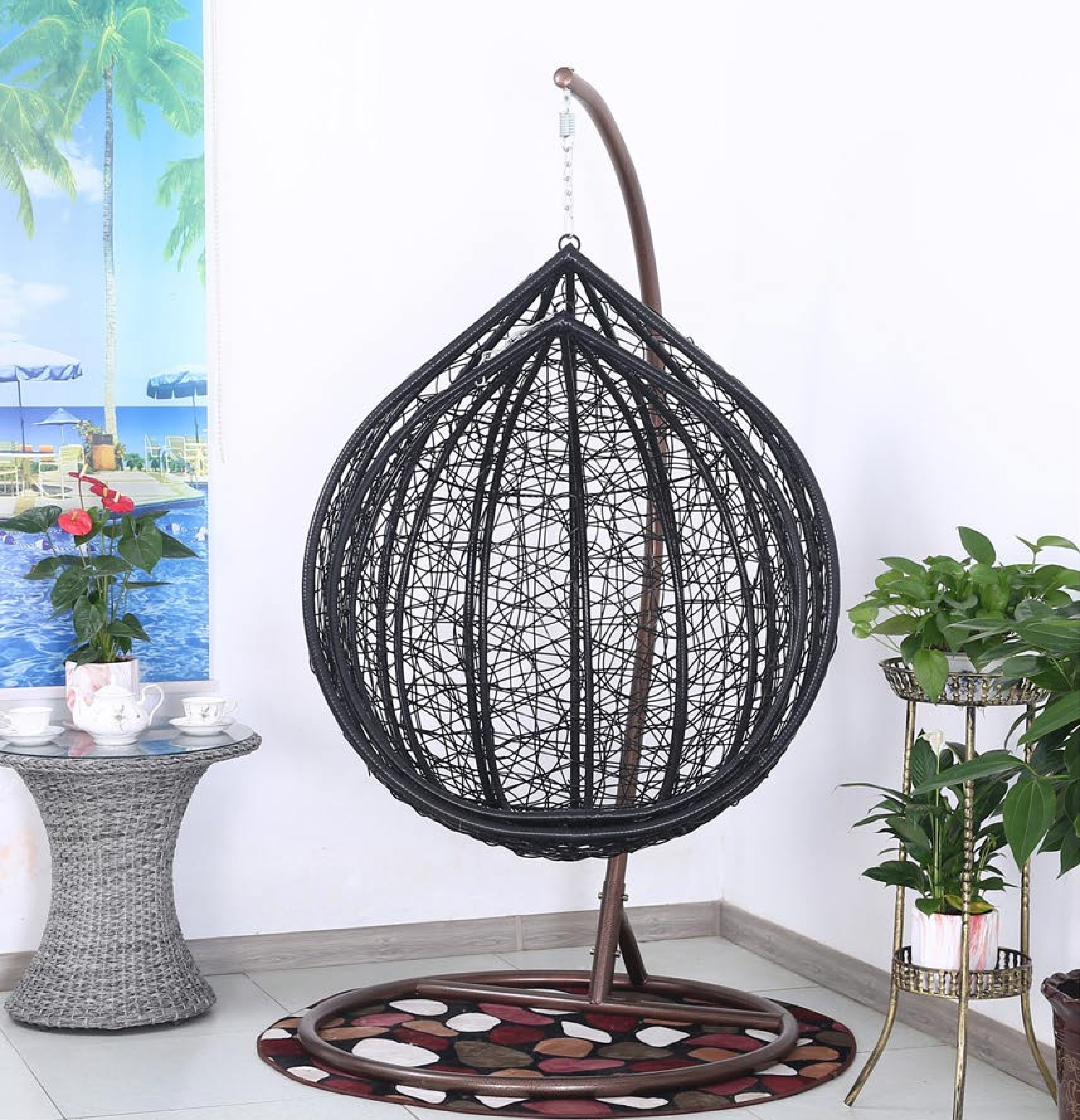 The Newest Design Patio Balcony Multicolored Hanging Rattan Chair Outdoor Bird Nest Shape Rocking Chair