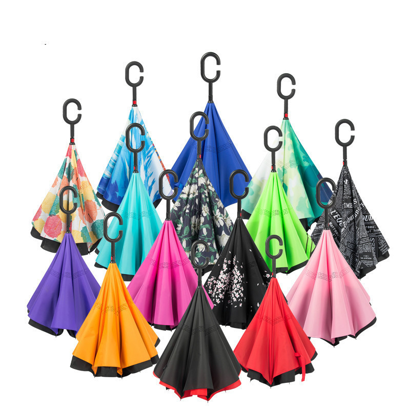 Windproof Reverse Umbrella Folding Double Layer Inverted Umbrella C- Hook Self Stand Rain Umbrella