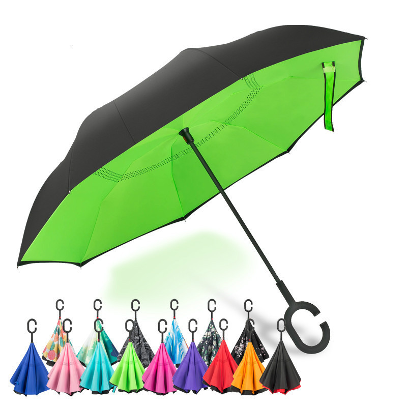 Windproof Reverse Umbrella Folding Double Layer Inverted Umbrella C- Hook Self Stand Rain Umbrella