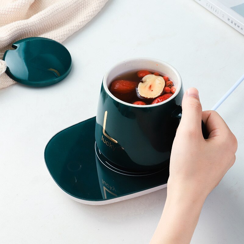 Manufacturer Custom 55 Degrees Thermostatic Porcelain Coffee and Tea Cups Smart Heated USB Charging Mug with Spoon