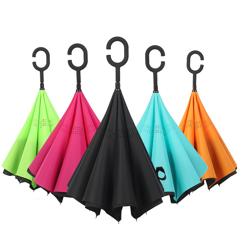 Hot Selling New Products Stock Double Layer Inside Out C Shape Handle inverted Reverse umbrella with logo for the rain