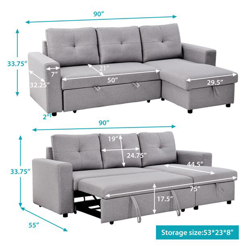 Lounge Design L Shaped Modern Pull Out Sofa Bed  Folding Cum Bed With Storage Foldable European Sofa Cama