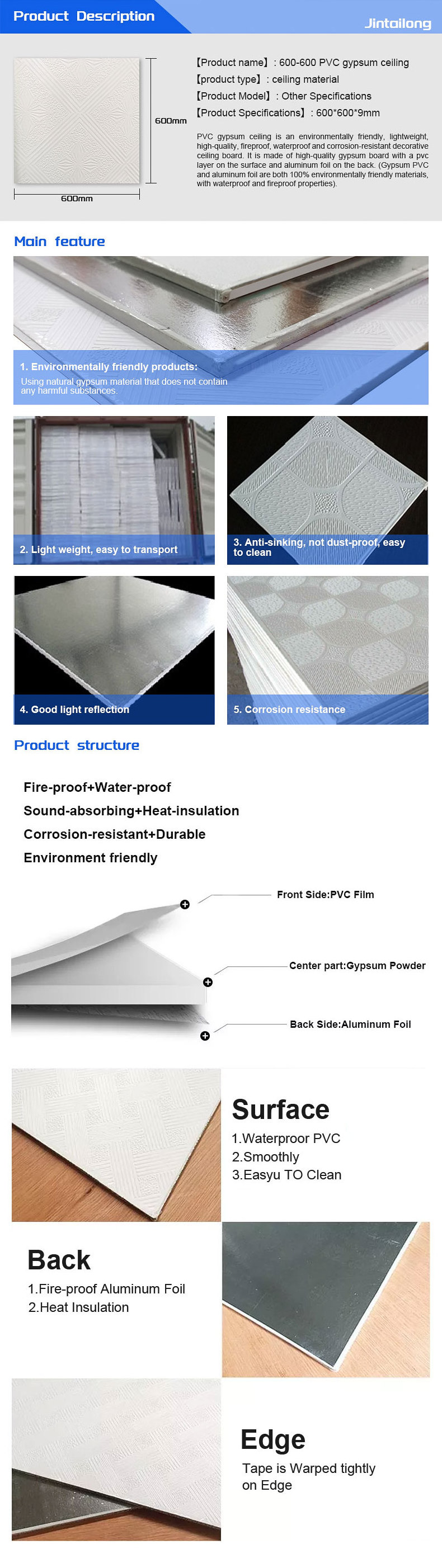 PVC Wall Sheet Design 60x60 Vinyl Coated Laminated Gypsum Suspended Waterproof False Ceiling Plaster Board Tiles In Guangzhou