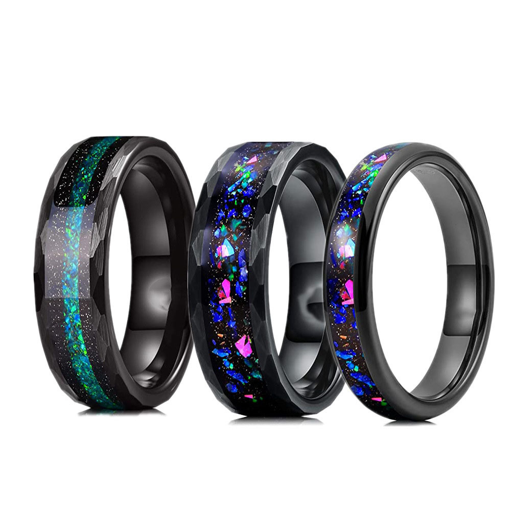 New Arrived 8mm 4mm Fire Opal Inlay Luxury Wedding Band Engagement Rings Hammered Black Tungsten Ring For Men And Women